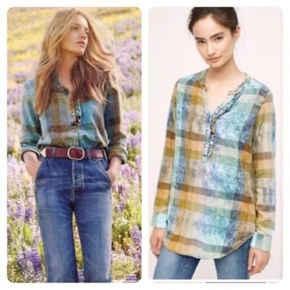 Anthropologie Isabella Sinclair Ruffled Plaid Henley Top Size Medium
